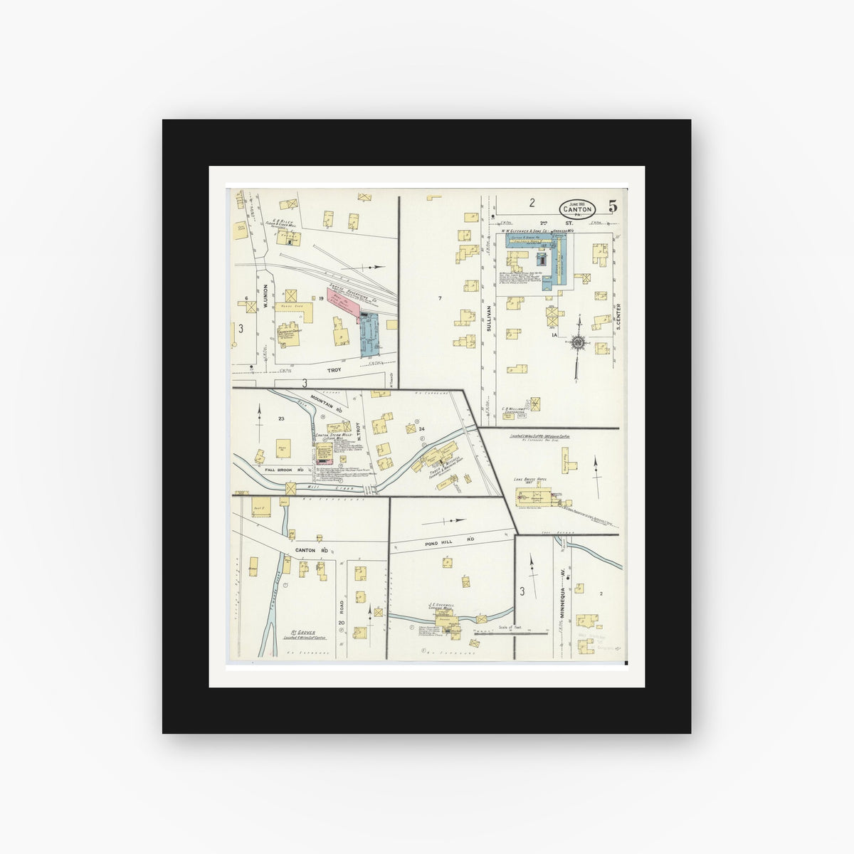 Old map wall art mockup — black gallery frame with white mat — Sanborn Fire Insurance Map from Canton, Bradford County, Pennsylvania (1911), Sheet #0005
