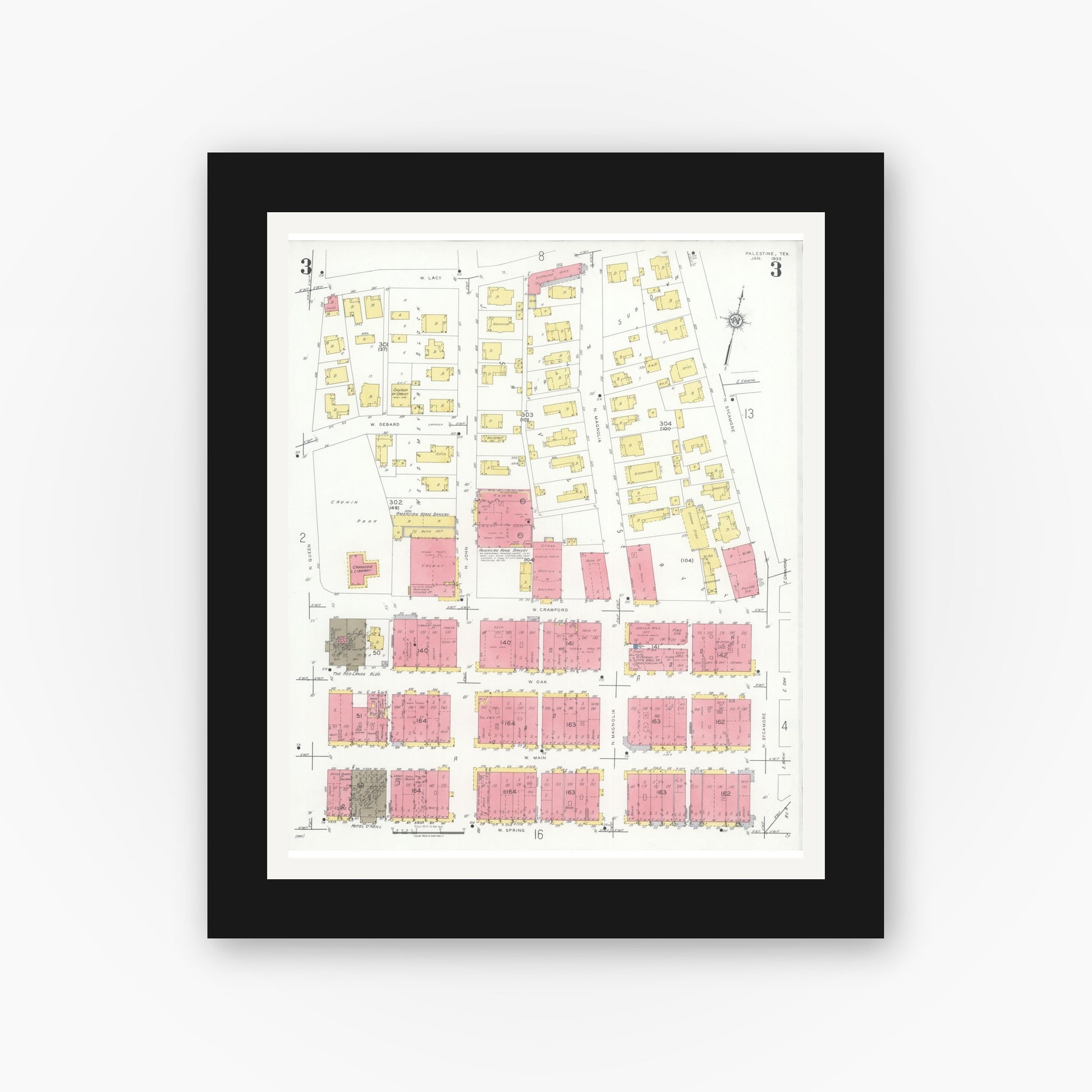 Old map wall art mockup — black gallery frame with white mat — Sanborn Fire Insurance Map from Palestine, Anderson County, Texas (1935), Sheet #0003