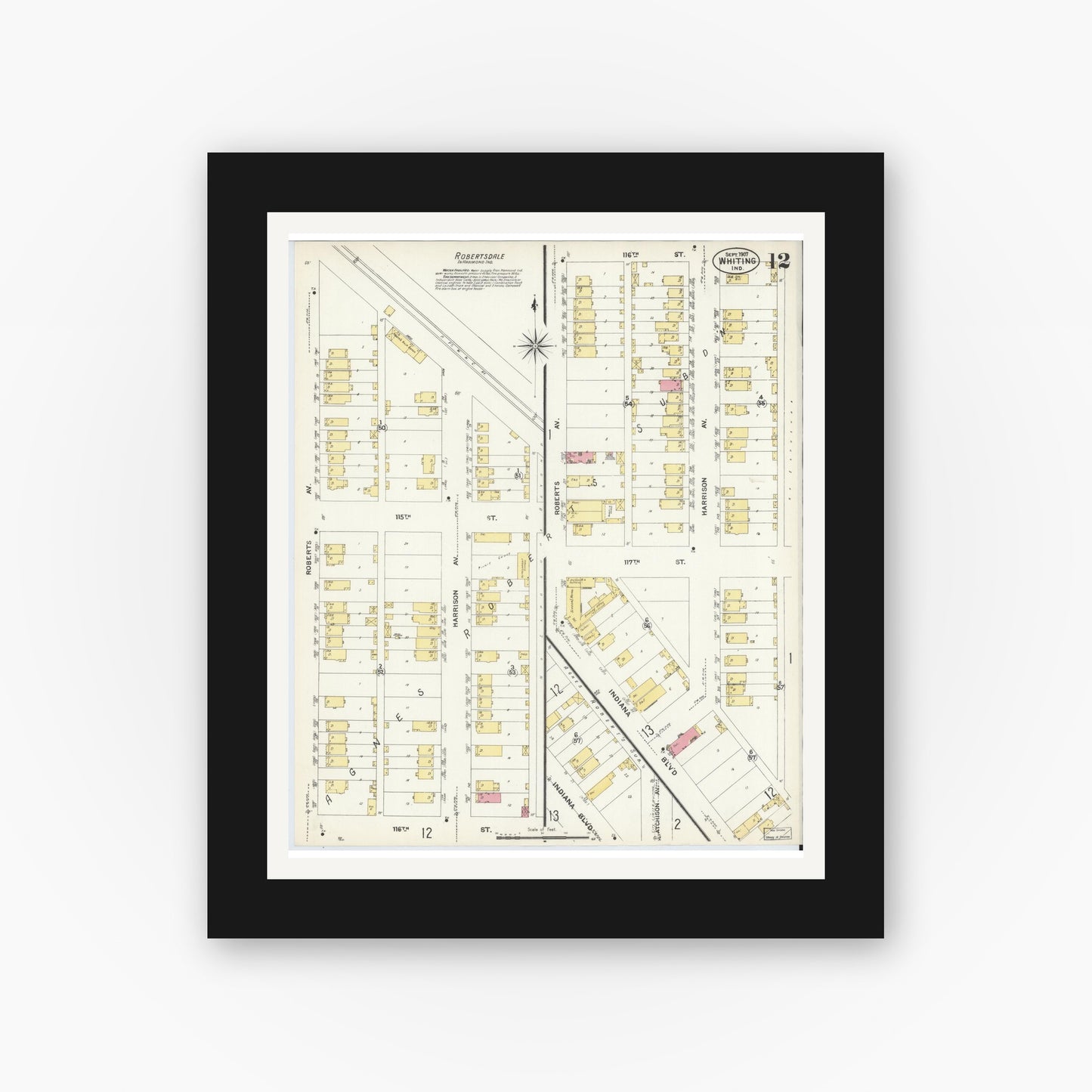 Old map wall art mockup — black gallery frame with white mat — Sanborn Fire Insurance Map from Whiting, Lake County, Indiana (1907), Sheet #0012