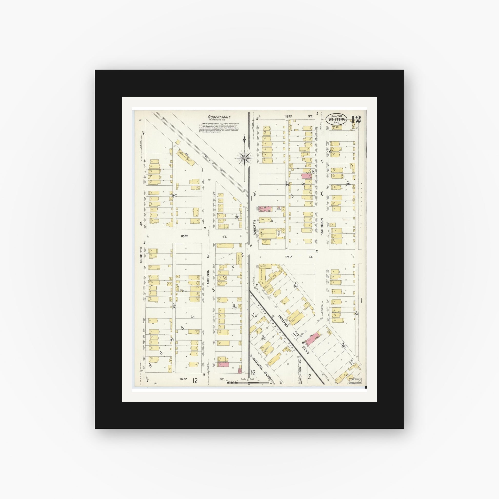 Old map wall art mockup — black gallery frame with white mat — Sanborn Fire Insurance Map from Whiting, Lake County, Indiana (1907), Sheet #0012