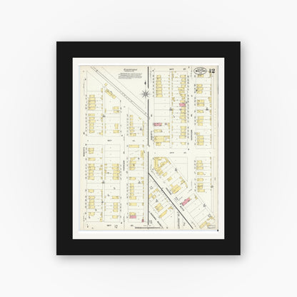 Old map wall art mockup — black gallery frame with white mat — Sanborn Fire Insurance Map from Whiting, Lake County, Indiana (1907), Sheet #0012