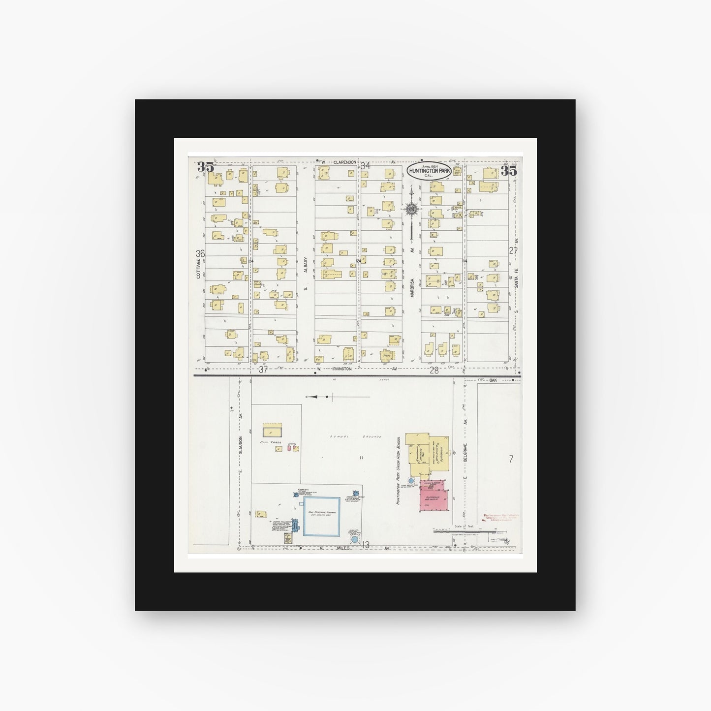 Old map wall art mockup — black gallery frame with white mat — Sanborn Fire Insurance Map from Huntington Park, Los Angeles County, California (1924), Sheet #0035