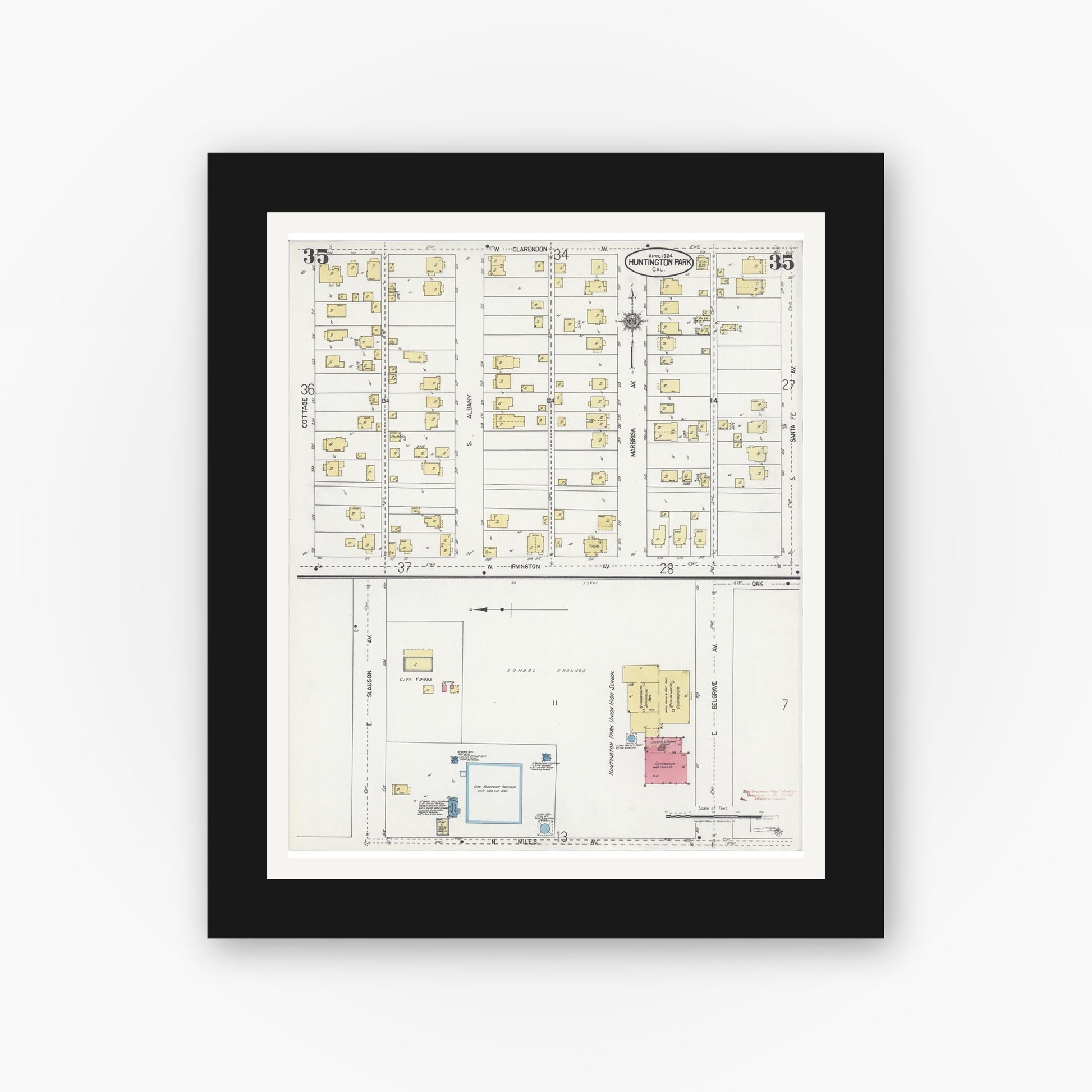 Old map wall art mockup — black gallery frame with white mat — Sanborn Fire Insurance Map from Huntington Park, Los Angeles County, California (1924), Sheet #0035