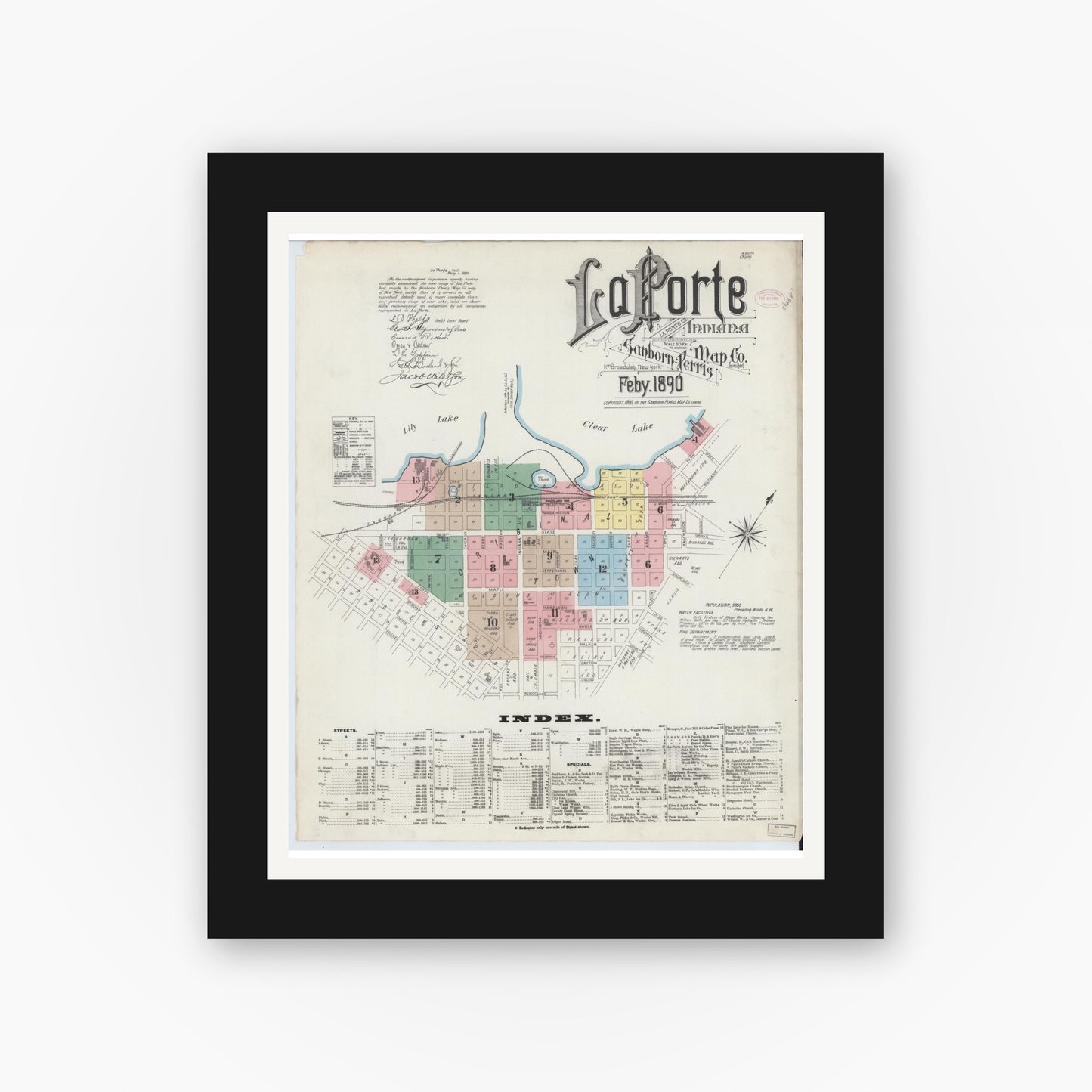 Old map wall art mockup — black gallery frame with white mat — Sanborn Fire Insurance Map from La Porte, La Porte County, Indiana (1890) - Complete Map Set