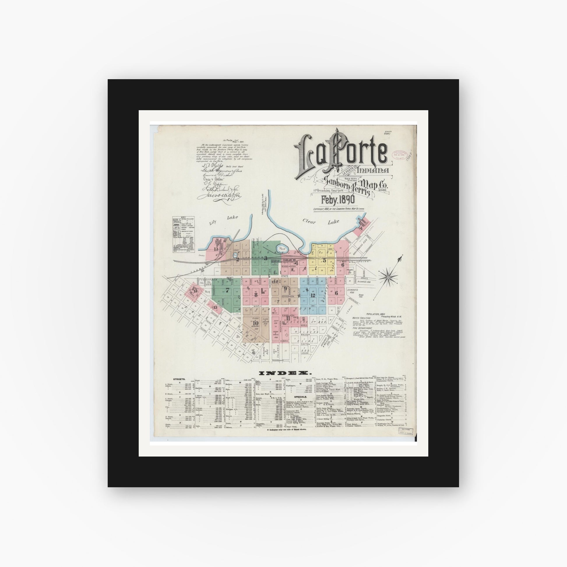 Old map wall art mockup — black gallery frame with white mat — Sanborn Fire Insurance Map from La Porte, La Porte County, Indiana (1890) - Complete Map Set