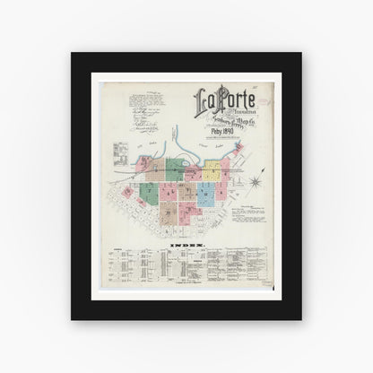 Old map wall art mockup — black gallery frame with white mat — Sanborn Fire Insurance Map from La Porte, La Porte County, Indiana (1890) - Complete Map Set