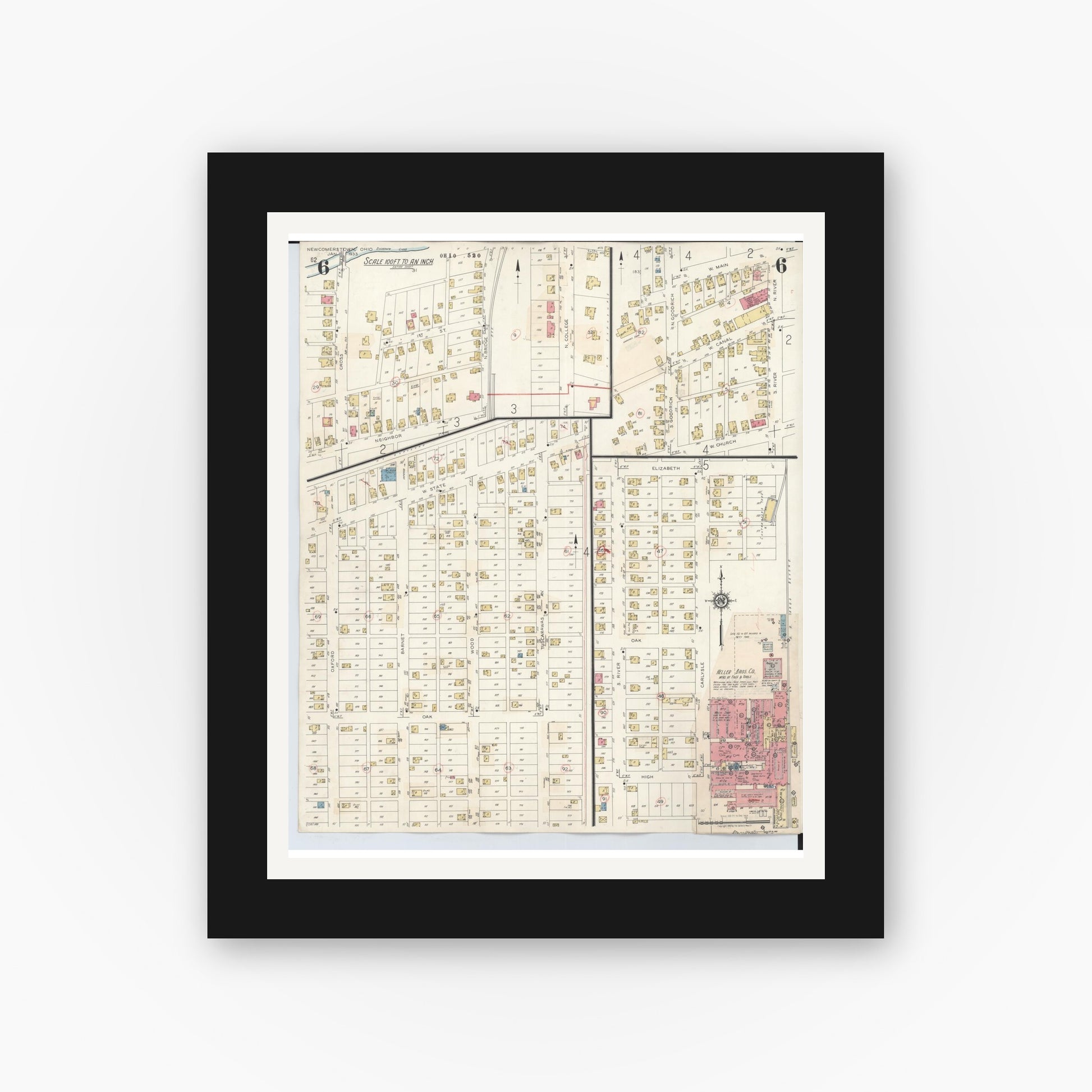 Old map wall art mockup — black gallery frame with white mat — Sanborn Fire Insurance Map from Newcomerstown, Tuscarawas County, Ohio (1933), Sheet #0006