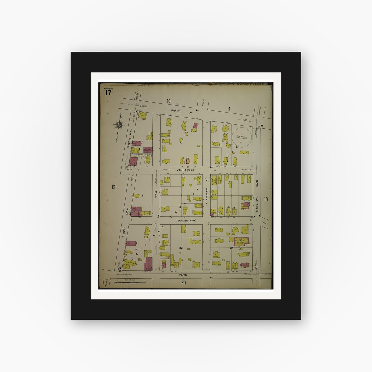 Old map wall art mockup — black gallery frame with white mat — Sanborn Fire Insurance Map from Kenosha, Kenosha County, Wisconsin. (1918), Sheet 21