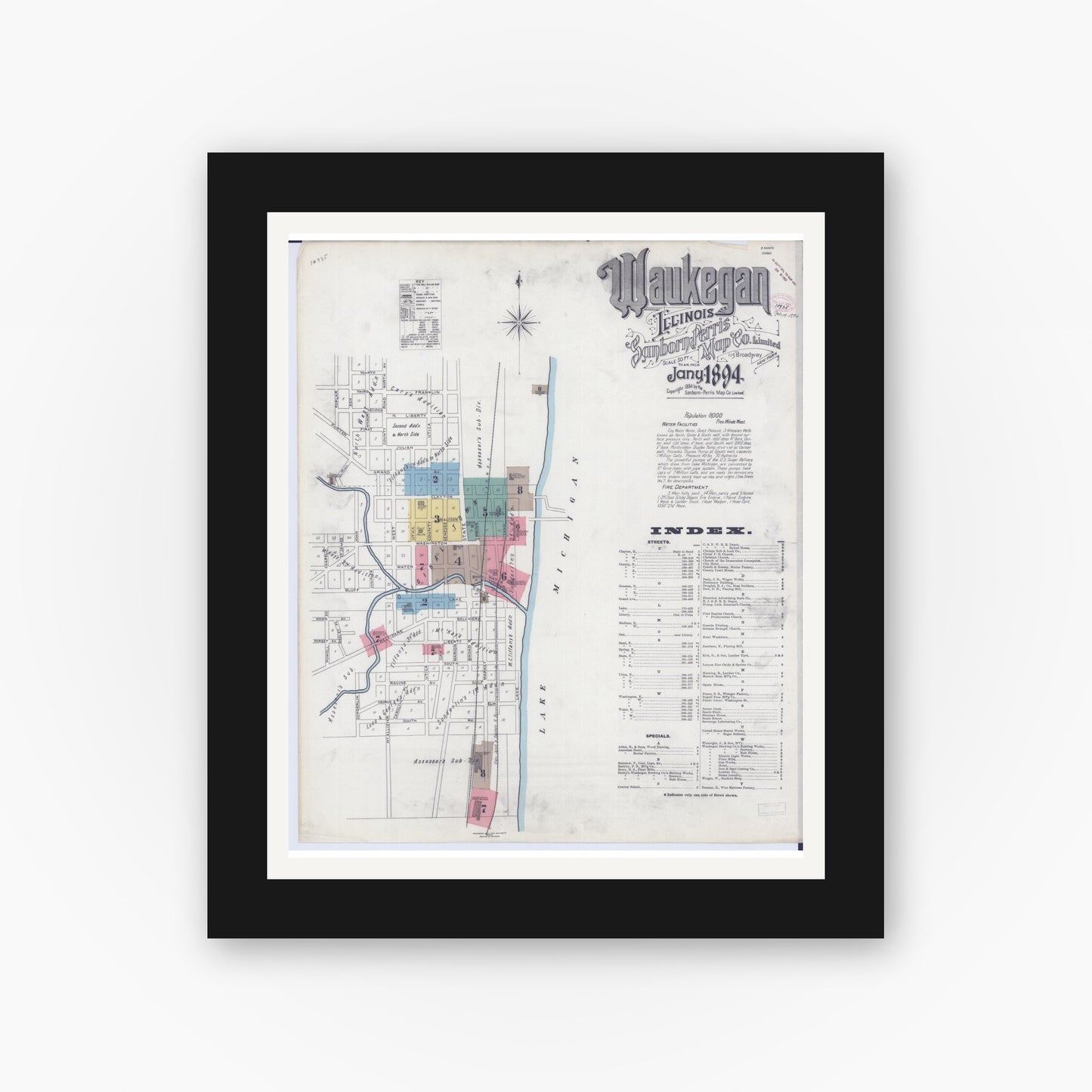 Old map wall art mockup — black gallery frame with white mat — Sanborn Fire Insurance Map from Waukegan, Lake County, Illinois (1894) - Complete Map Set