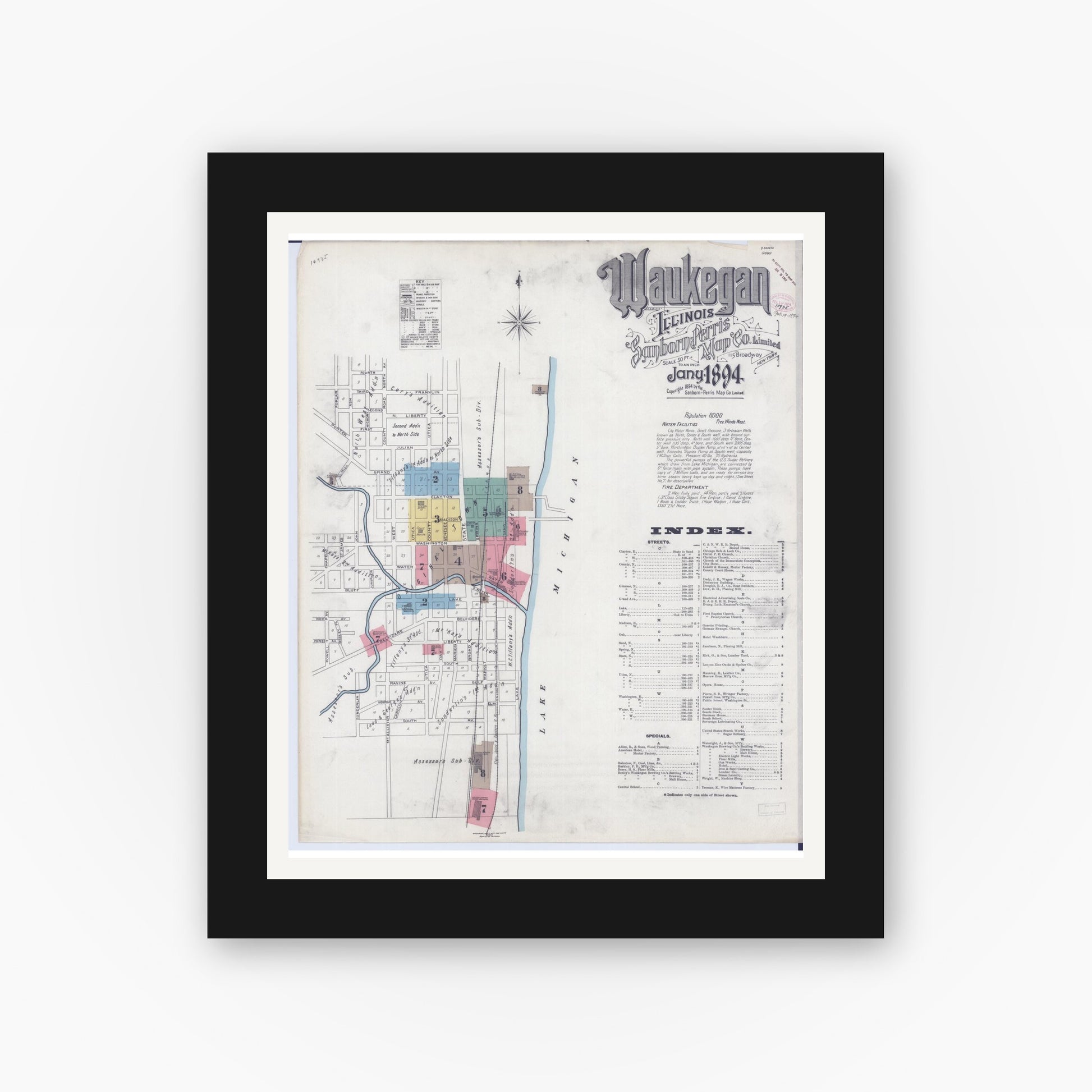 Old map wall art mockup — black gallery frame with white mat — Sanborn Fire Insurance Map from Waukegan, Lake County, Illinois (1894) - Complete Map Set
