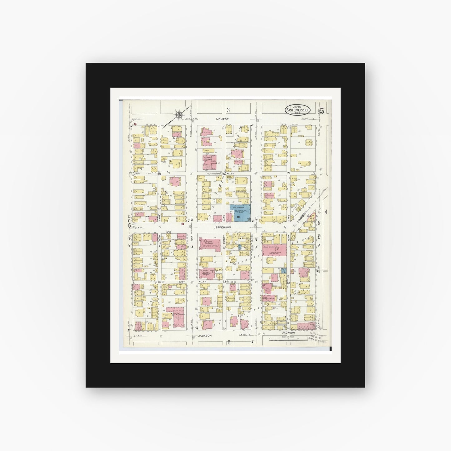 Old map wall art mockup — black gallery frame with white mat — Sanborn Fire Insurance Map from East Liverpool, Columbiana County, Ohio (1913), Sheet #0005