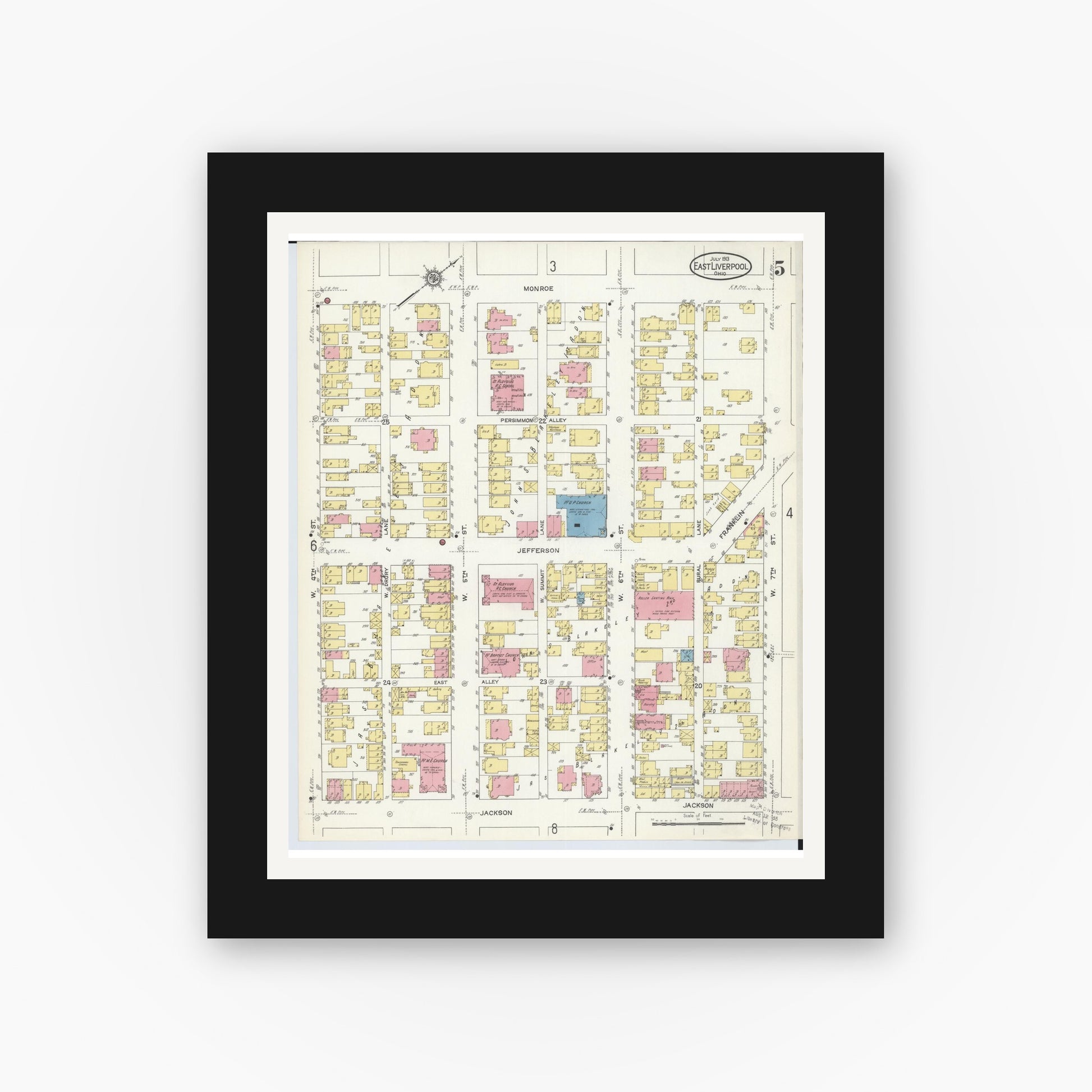 Old map wall art mockup — black gallery frame with white mat — Sanborn Fire Insurance Map from East Liverpool, Columbiana County, Ohio (1913), Sheet #0005