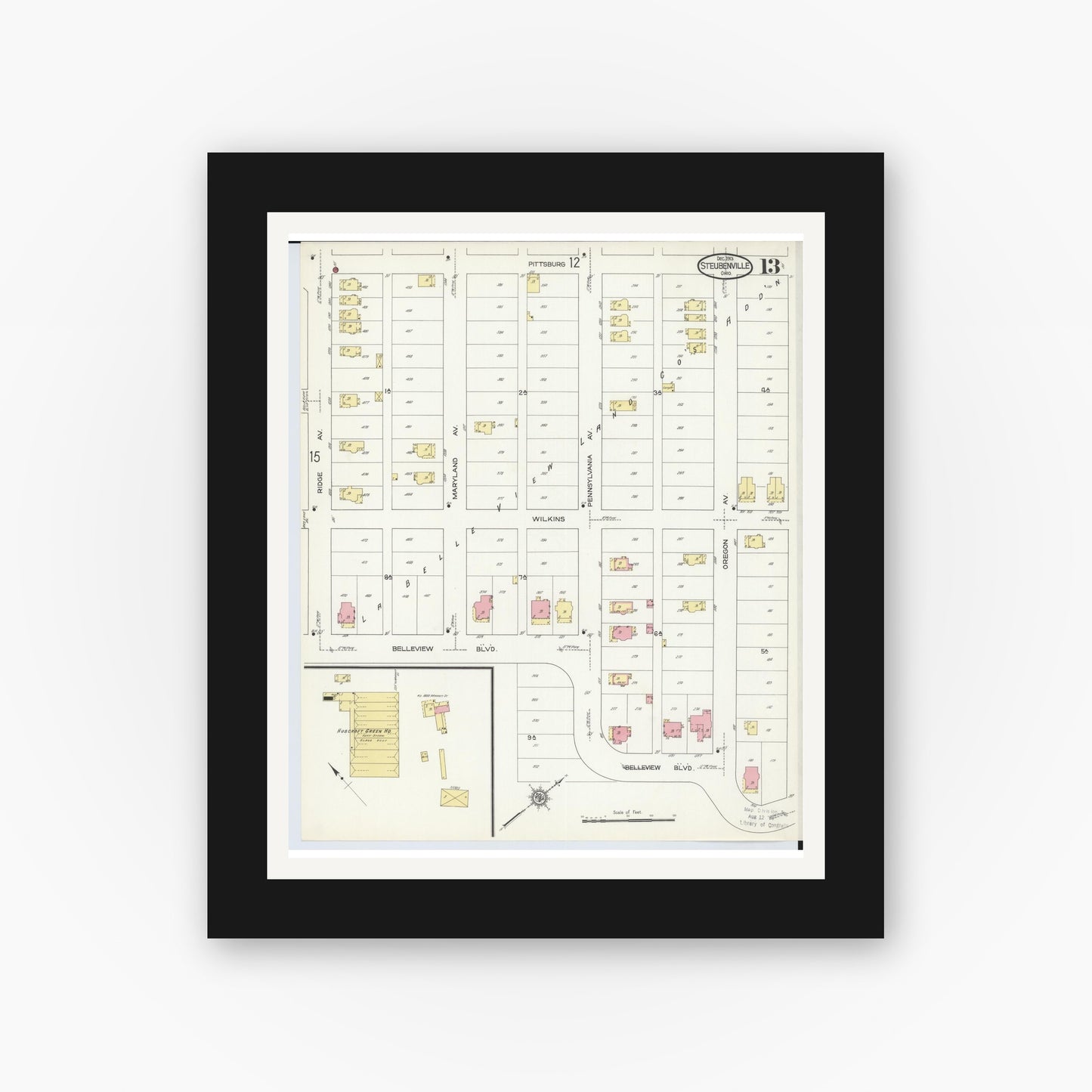 Old map wall art mockup — black gallery frame with white mat — Sanborn Fire Insurance Map from Steubenville, Jefferson County, Ohio (1913), Sheet #0013