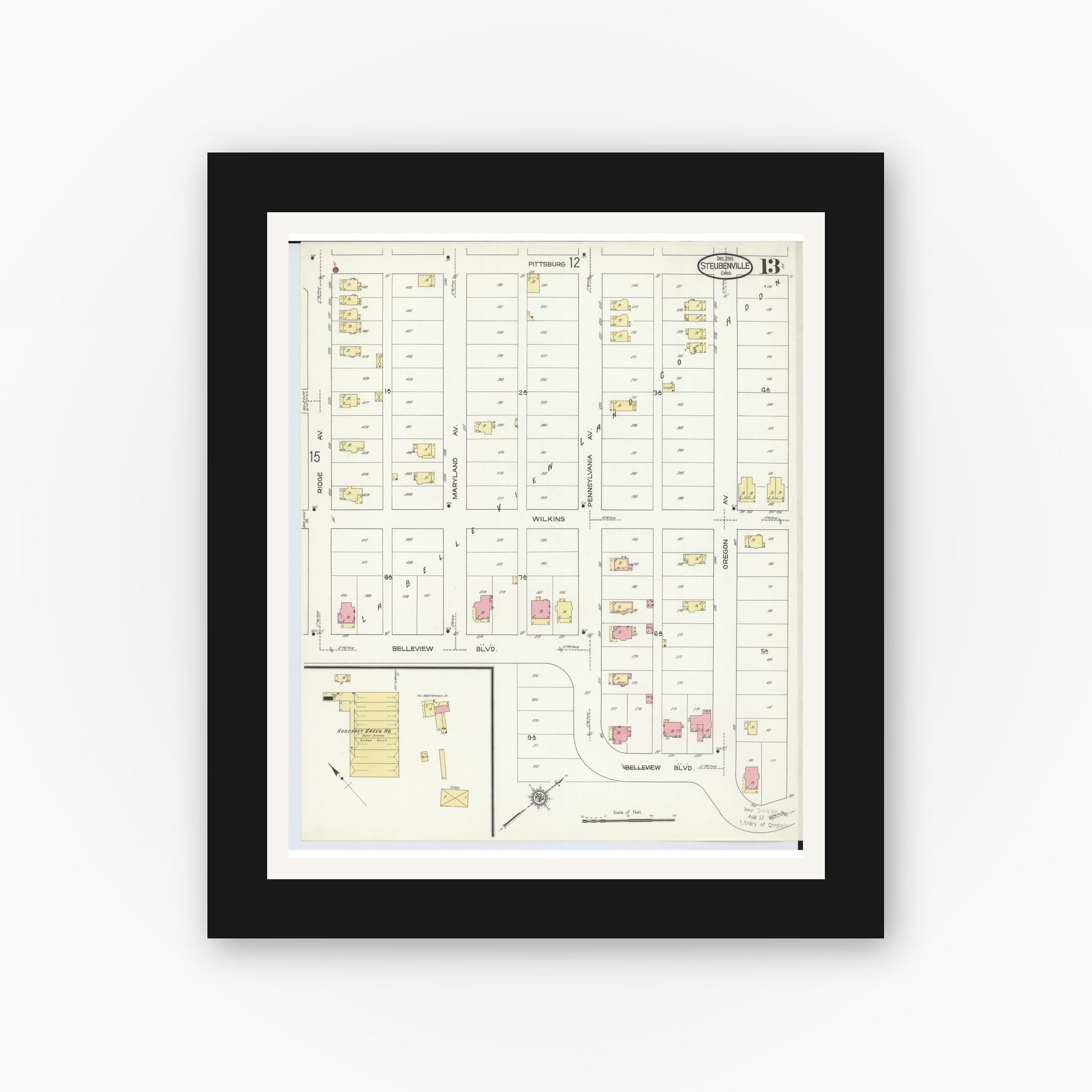 Old map wall art mockup — black gallery frame with white mat — Sanborn Fire Insurance Map from Steubenville, Jefferson County, Ohio (1913), Sheet #0013