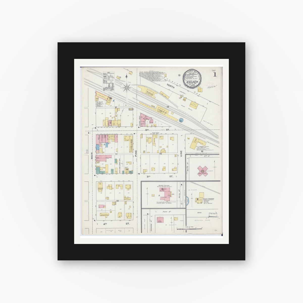 Old map wall art mockup — black gallery frame with white mat — Sanborn Fire Insurance Map from Holden, Johnson County, Missouri (1892), Sheet #0001