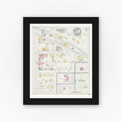 Old map wall art mockup — black gallery frame with white mat — Sanborn Fire Insurance Map from Holden, Johnson County, Missouri (1892), Sheet #0001