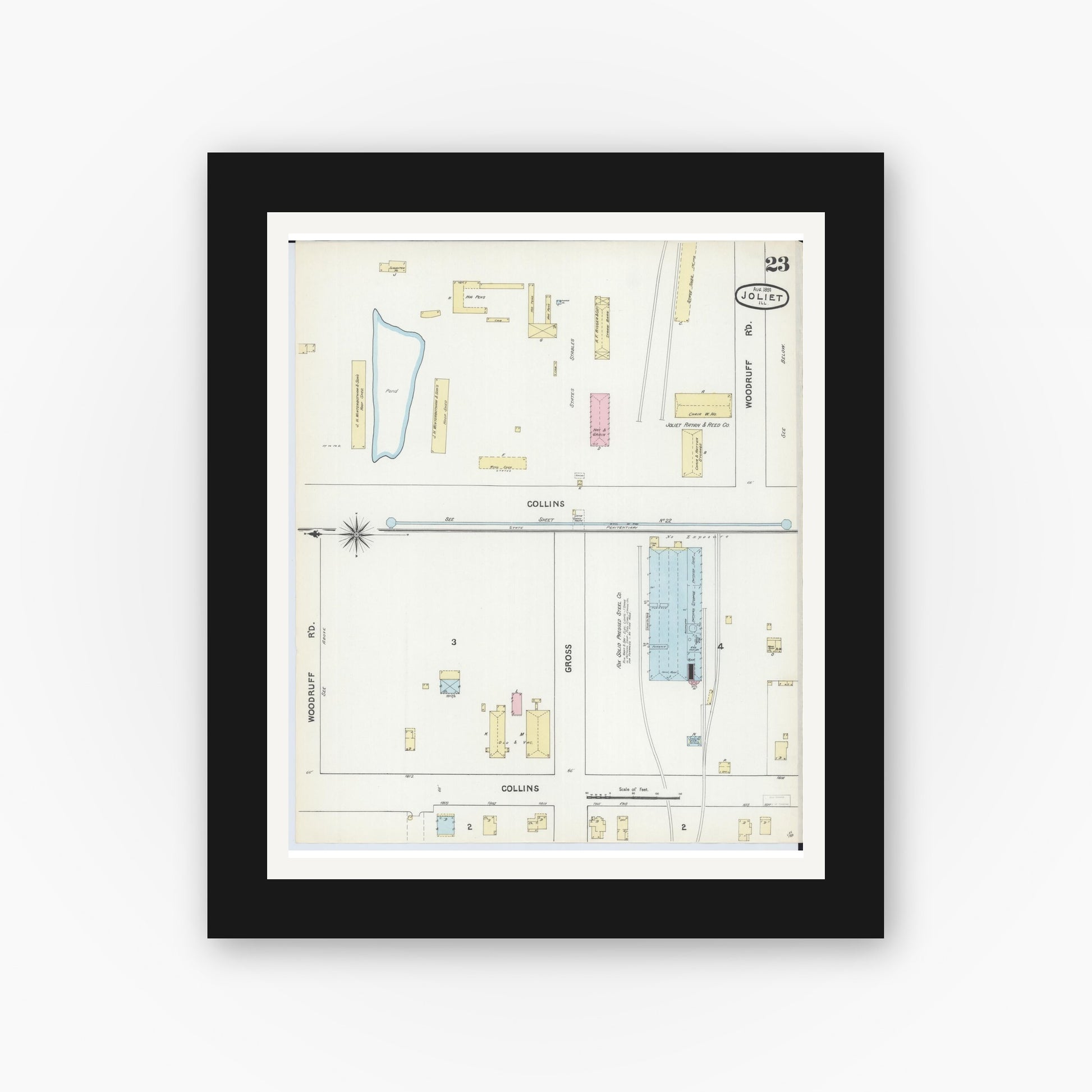 Old map wall art mockup — black gallery frame with white mat — Sanborn Fire Insurance Map from Joliet, Will County, Illinois (1891), Sheet #0023