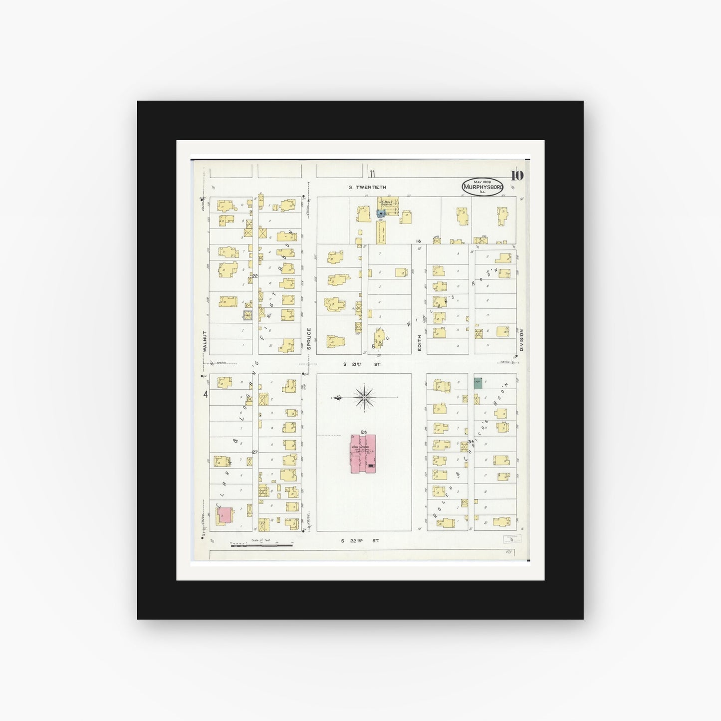 Old map wall art mockup — black gallery frame with white mat — Sanborn Fire Insurance Map from Murphysboro, Jackson County, Illinois (1909), Sheet #0010