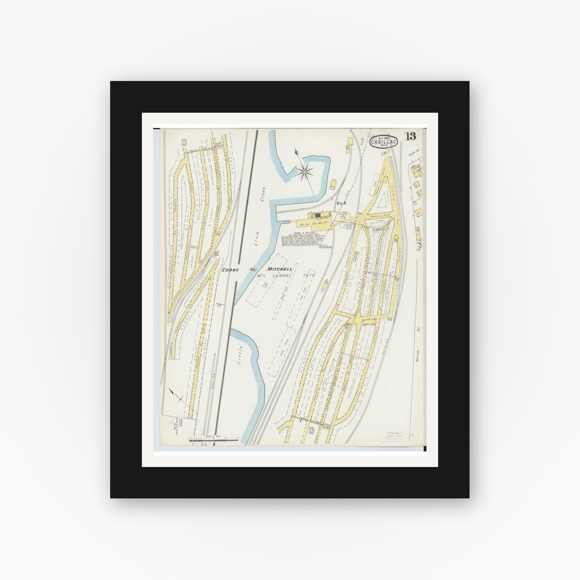 Old map wall art mockup — black gallery frame with white mat — Sanborn Fire Insurance Map from Cadillac, Wexford County, Michigan (1895), Sheet #0013