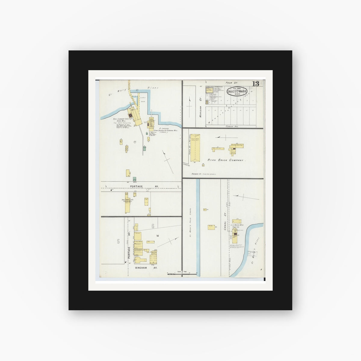 Old map wall art mockup — black gallery frame with white mat — Sanborn Fire Insurance Map from Sault Sainte Marie, Chippewa County, Michigan (1895), Sheet #0013
