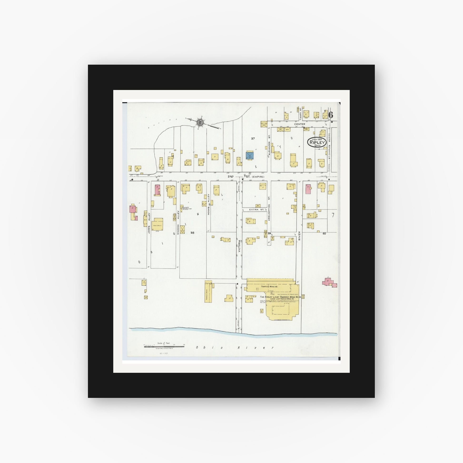 Old map wall art mockup — black gallery frame with white mat — Sanborn Fire Insurance Map from Ripley, Brown County, Ohio (1920), Sheet #0006