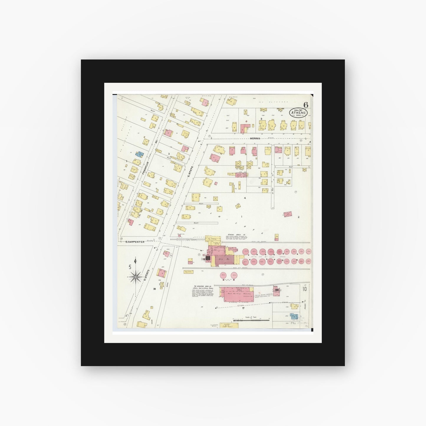 Old map wall art mockup — black gallery frame with white mat — Sanborn Fire Insurance Map from Athens, Athens County, Ohio (1907), Sheet #0006