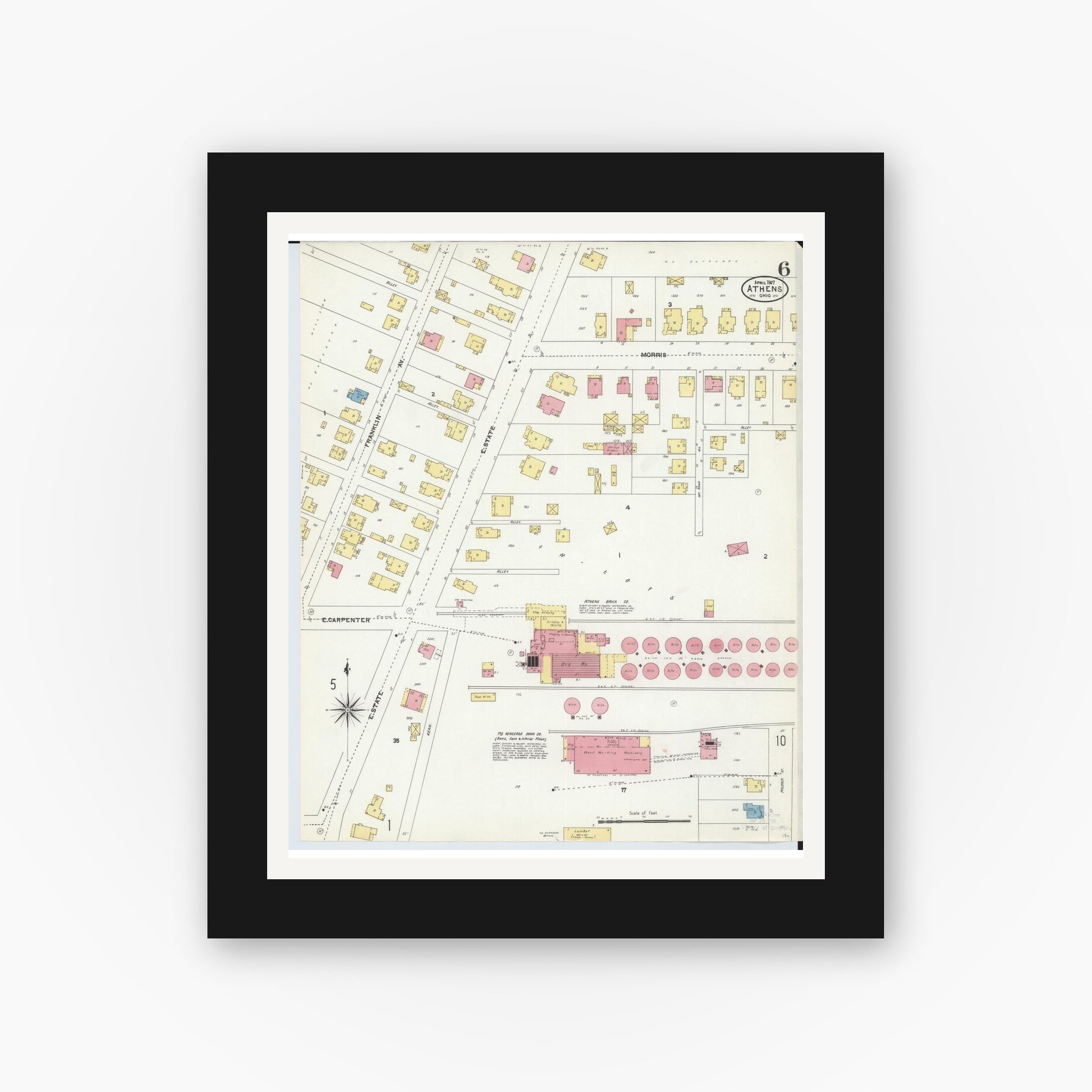 Old map wall art mockup — black gallery frame with white mat — Sanborn Fire Insurance Map from Athens, Athens County, Ohio (1907), Sheet #0006