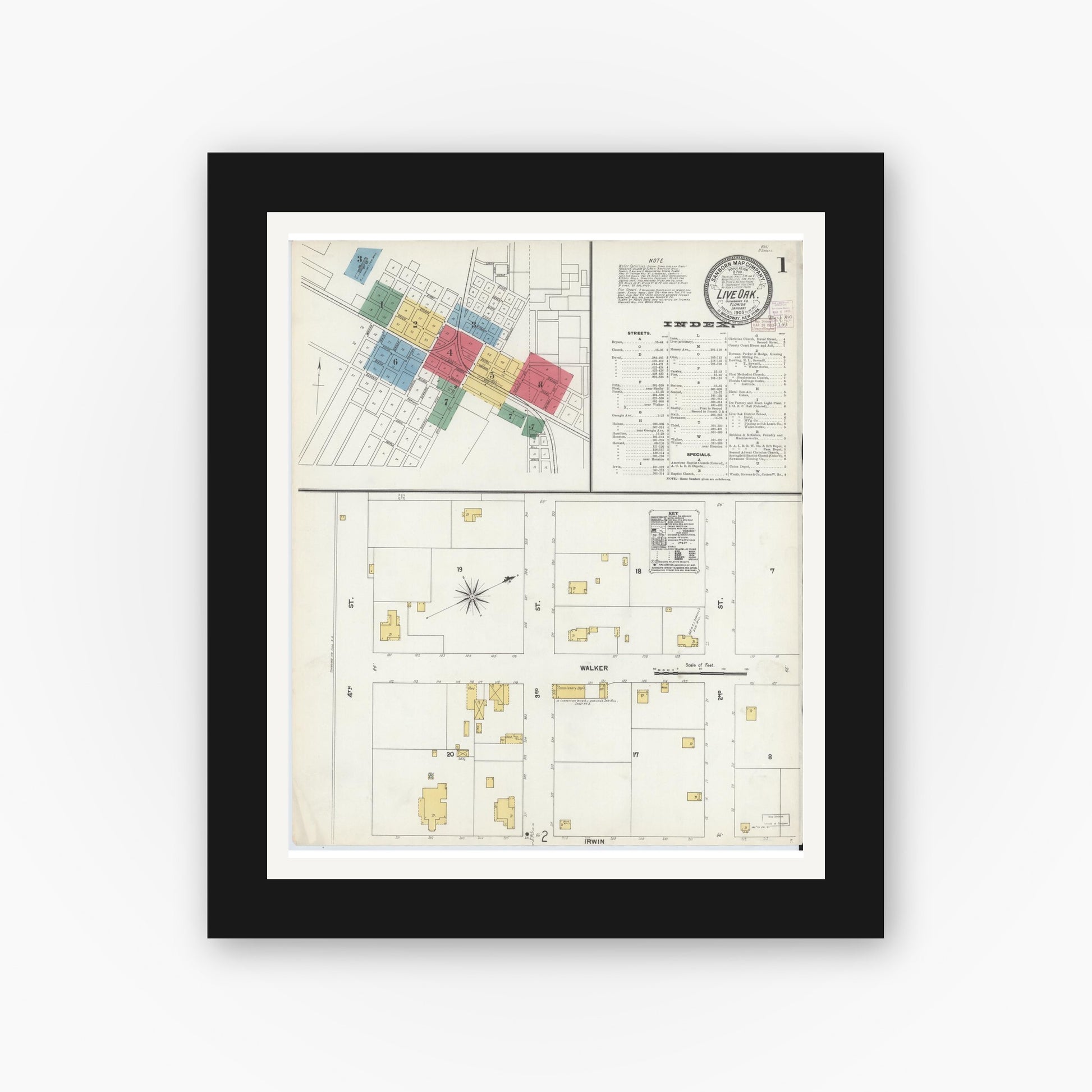Old map wall art mockup — black gallery frame with white mat — Sanborn Fire Insurance Map from Live Oak, Suwanee County, Florida (1903) - Complete Map Set