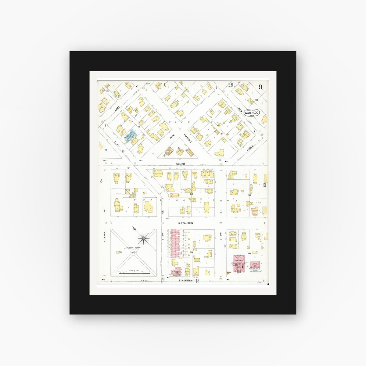 Old map wall art mockup — black gallery frame with white mat — Sanborn Fire Insurance Map from Waterloo, Black Hawk County, Iowa (1900), Sheet #0009