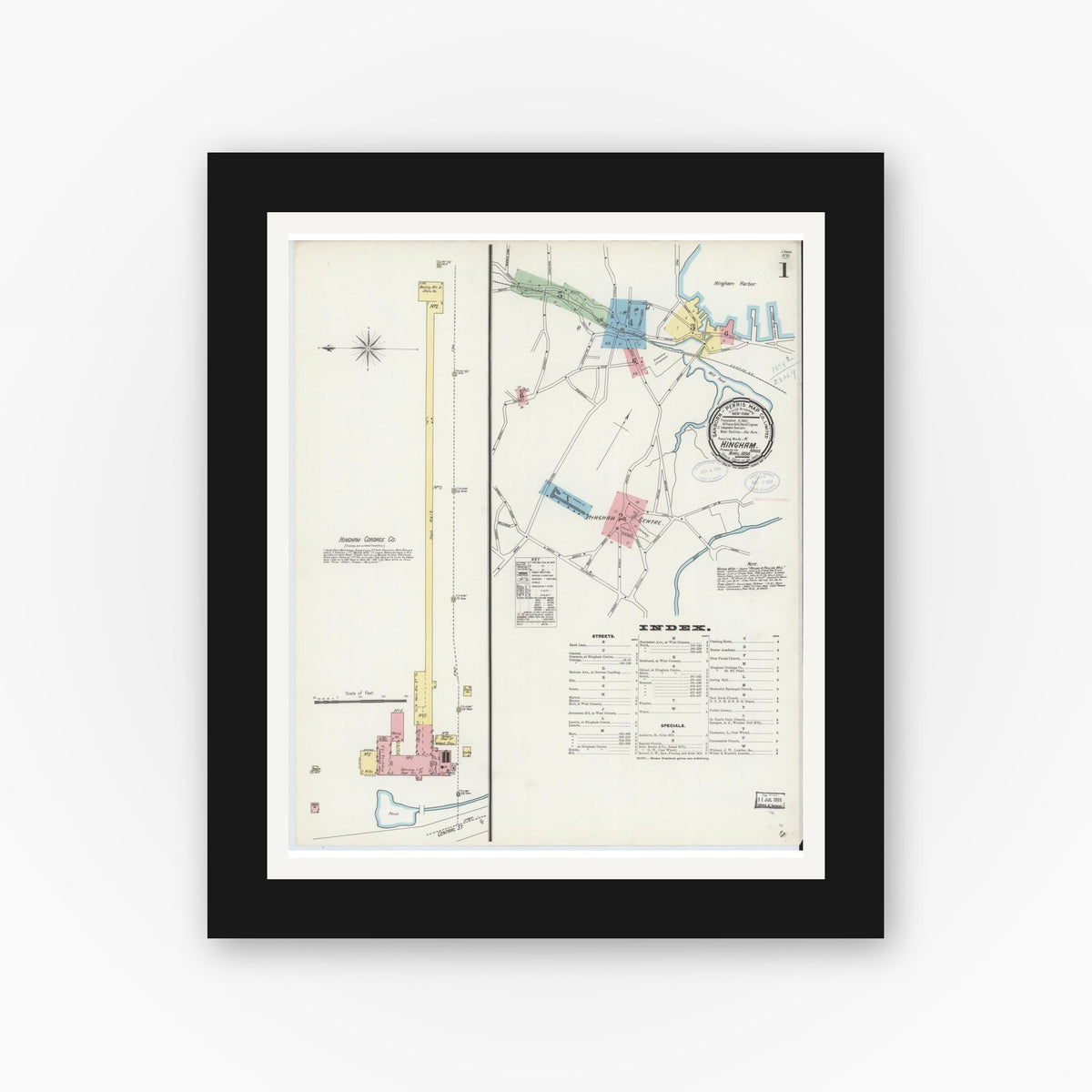 Old map wall art mockup — black gallery frame with white mat — Sanborn Fire Insurance Map from Hingham, Plymouth County, Massachusetts (1898) - Complete Map Set