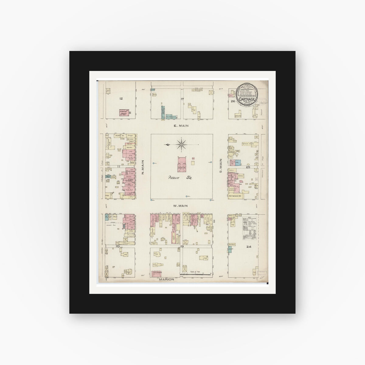 Old map wall art mockup — black gallery frame with white mat — Sanborn Fire Insurance Map from Carthage, Hancock County, Illinois (1885), Sheet #0001