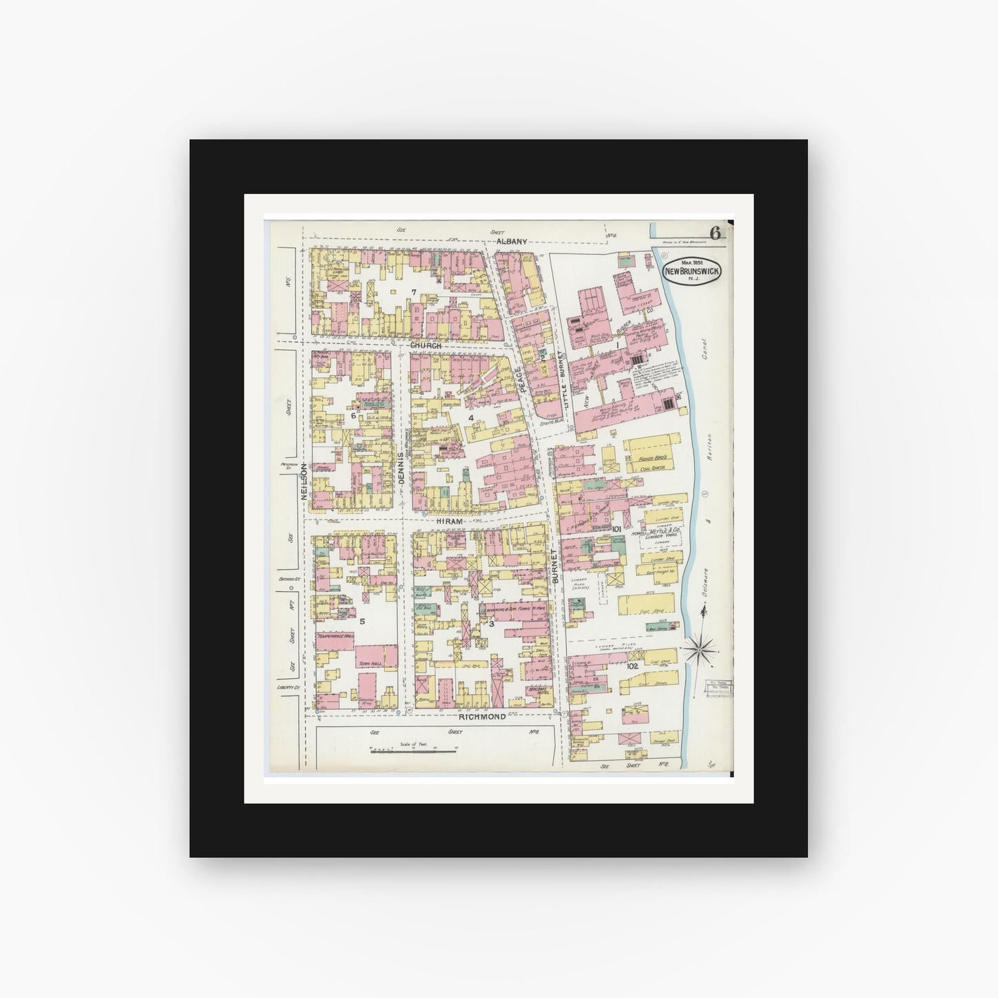 Old map wall art mockup — black gallery frame with white mat — Sanborn Fire Insurance Map from New Brunswick, Middlesex County, New Jersey (1892), Sheet #0006