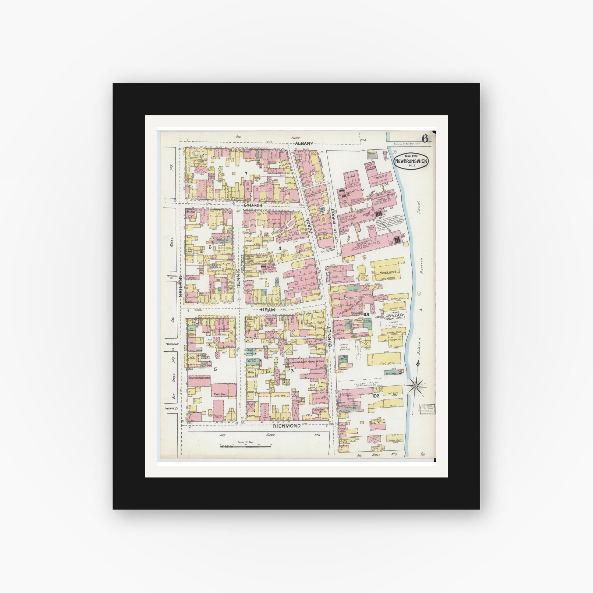 Old map wall art mockup — black gallery frame with white mat — Sanborn Fire Insurance Map from New Brunswick, Middlesex County, New Jersey (1892), Sheet #0006