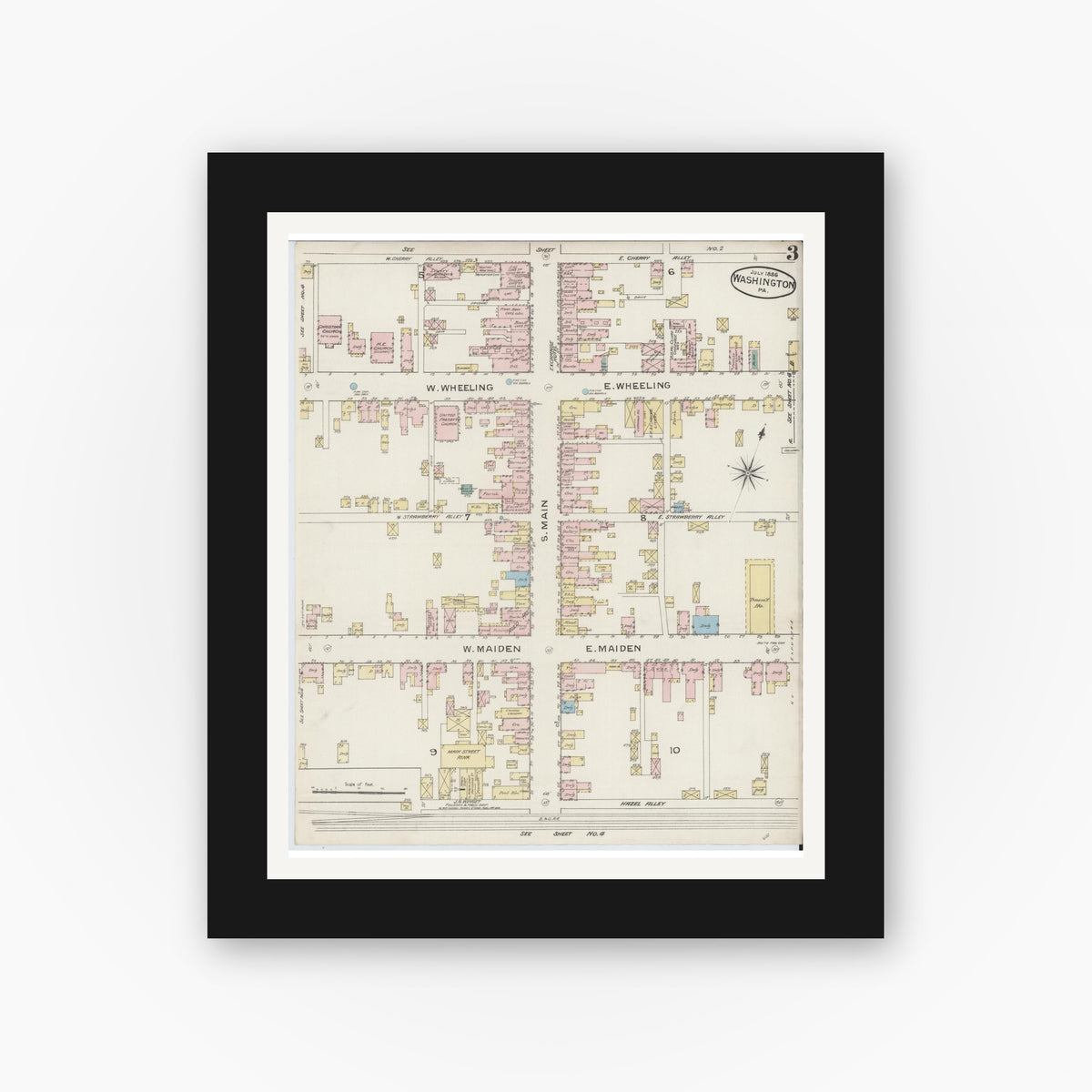 Old map wall art mockup — black gallery frame with white mat — Sanborn Fire Insurance Map from Washington, Washington County, Pennsylvania (1886), Sheet #0003