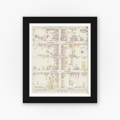Old map wall art mockup — black gallery frame with white mat — Sanborn Fire Insurance Map from Washington, Washington County, Pennsylvania (1886), Sheet #0003