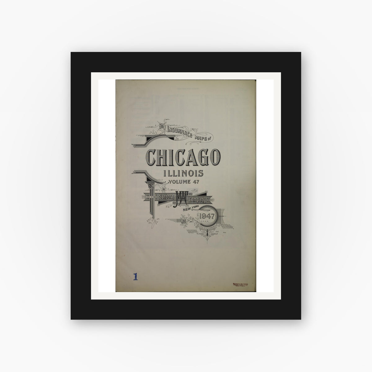 Old map wall art mockup — black gallery frame with white mat — Sanborn Fire Insurance Map from Chicago, Cook County, Illinois (1947), Sheet #0001