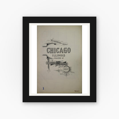 Old map wall art mockup — black gallery frame with white mat — Sanborn Fire Insurance Map from Chicago, Cook County, Illinois (1947), Sheet #0001