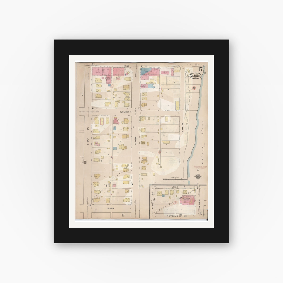Old map wall art mockup — black gallery frame with white mat — Sanborn Fire Insurance Map from Clinton, Vermillion County, Indiana (1947), Sheet #0017