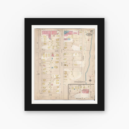 Old map wall art mockup — black gallery frame with white mat — Sanborn Fire Insurance Map from Clinton, Vermillion County, Indiana (1947), Sheet #0017