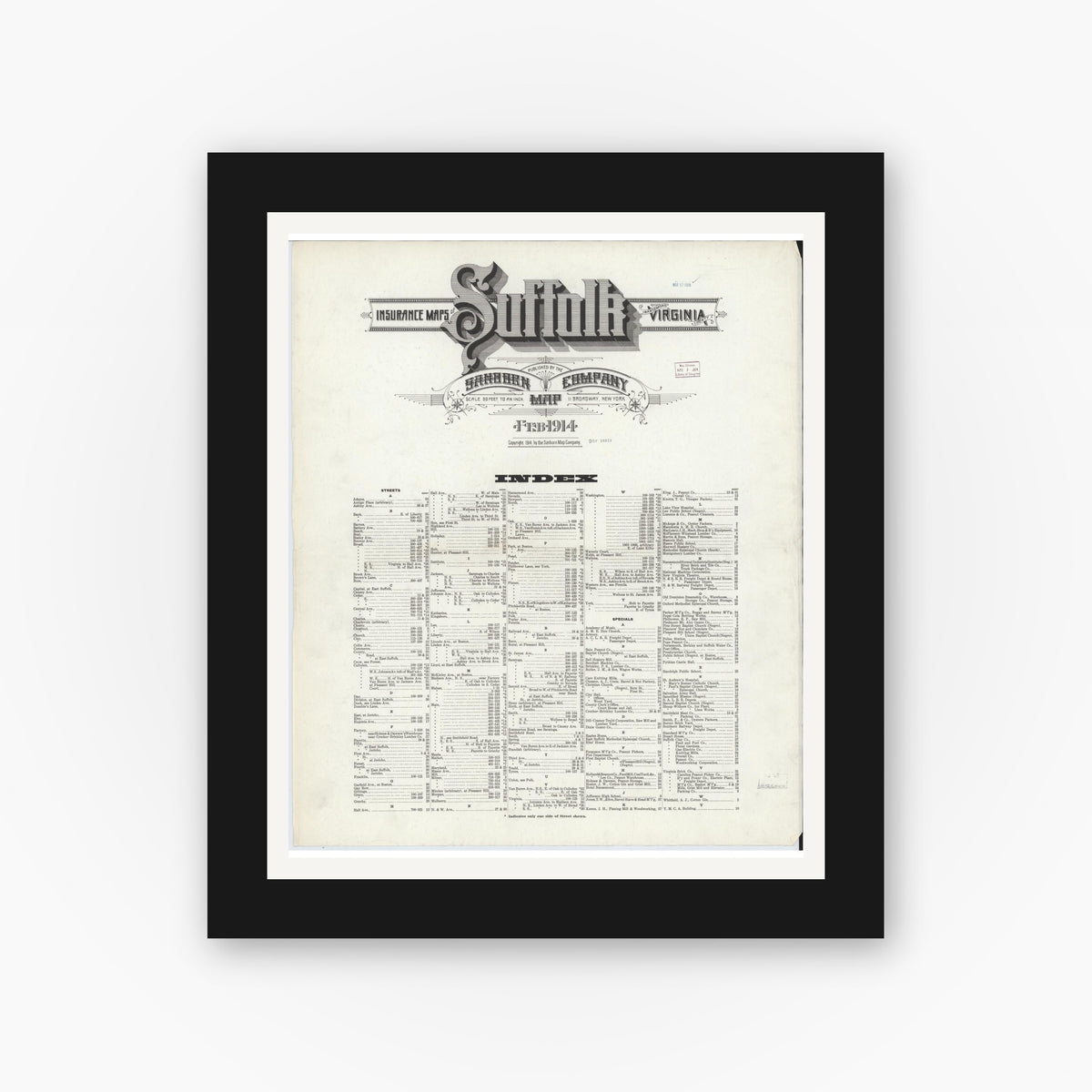 Old map wall art mockup — black gallery frame with white mat — Sanborn Fire Insurance Map from Suffolk, Independent Cities, Virginia (1914), Sheet #0001
