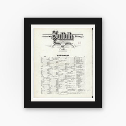 Old map wall art mockup — black gallery frame with white mat — Sanborn Fire Insurance Map from Suffolk, Independent Cities, Virginia (1914), Sheet #0001