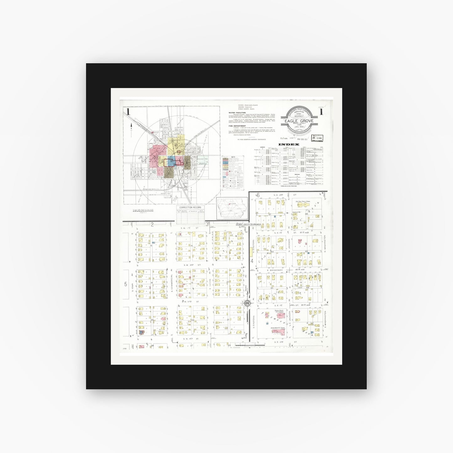 Old map wall art mockup — black gallery frame with white mat — Sanborn Fire Insurance Map from Eagle Grove, Wright County, Iowa (1933) â€” Complete Set