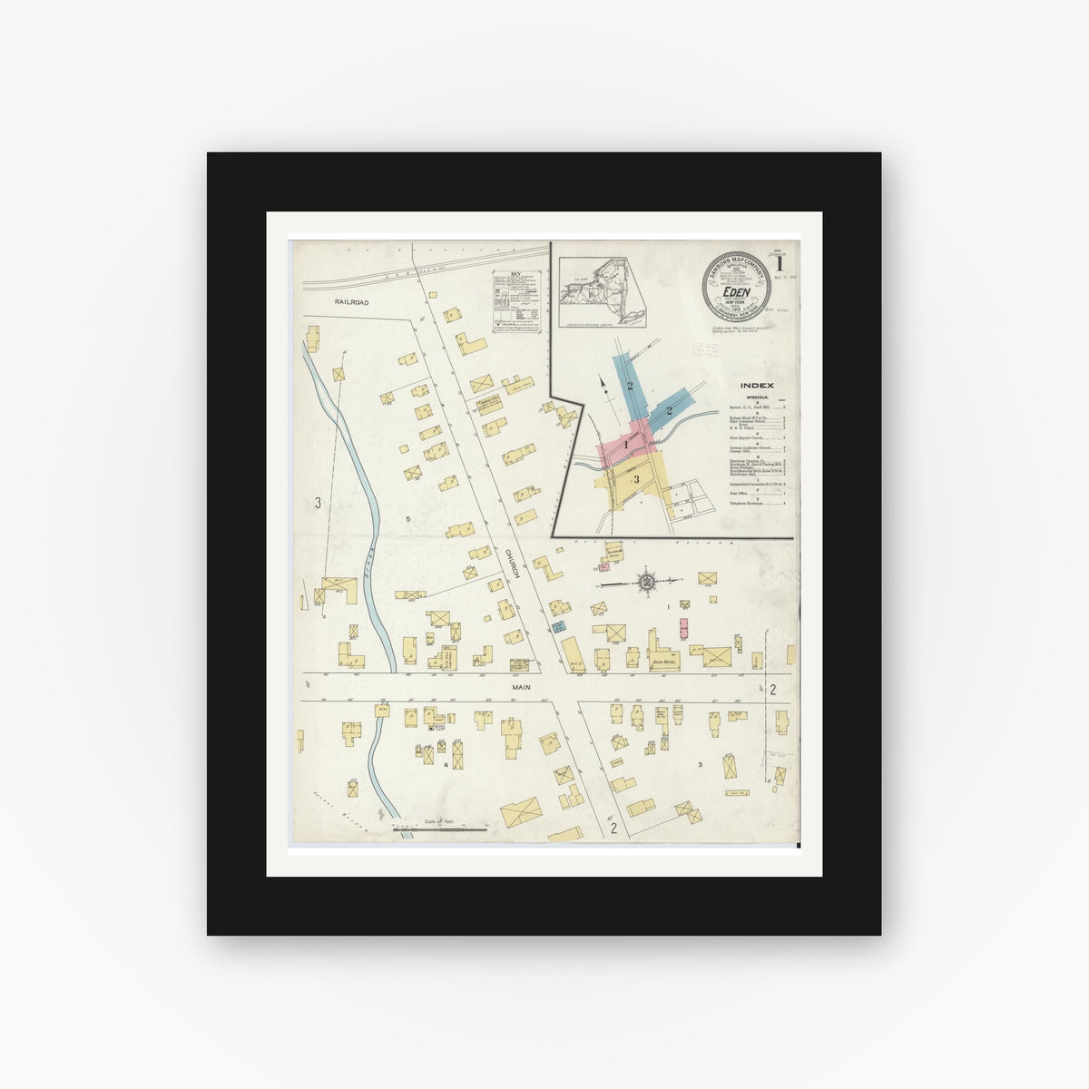 Old map wall art mockup — black gallery frame with white mat — Sanborn Fire Insurance Map from Eden, Erie County, New York (1913), Sheet #0001