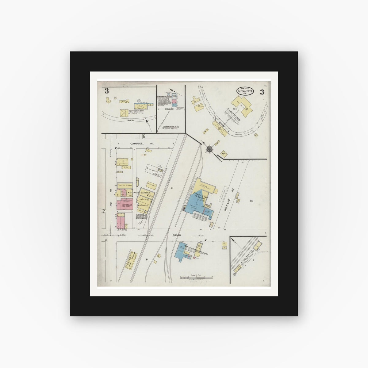Old map wall art mockup — black gallery frame with white mat — Sanborn Fire Insurance Map from Altavista, Campbell County, Virginia (1925), Sheet #0003