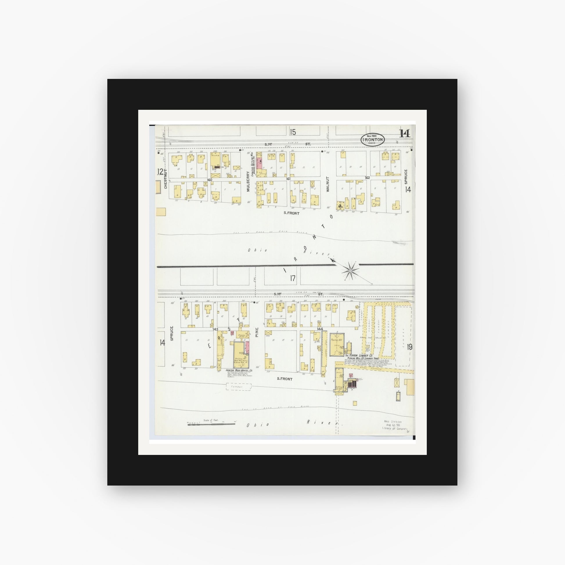 Old map wall art mockup — black gallery frame with white mat — Sanborn Fire Insurance Map from Ironton, Lawrence County, Ohio (1900), Sheet #0014