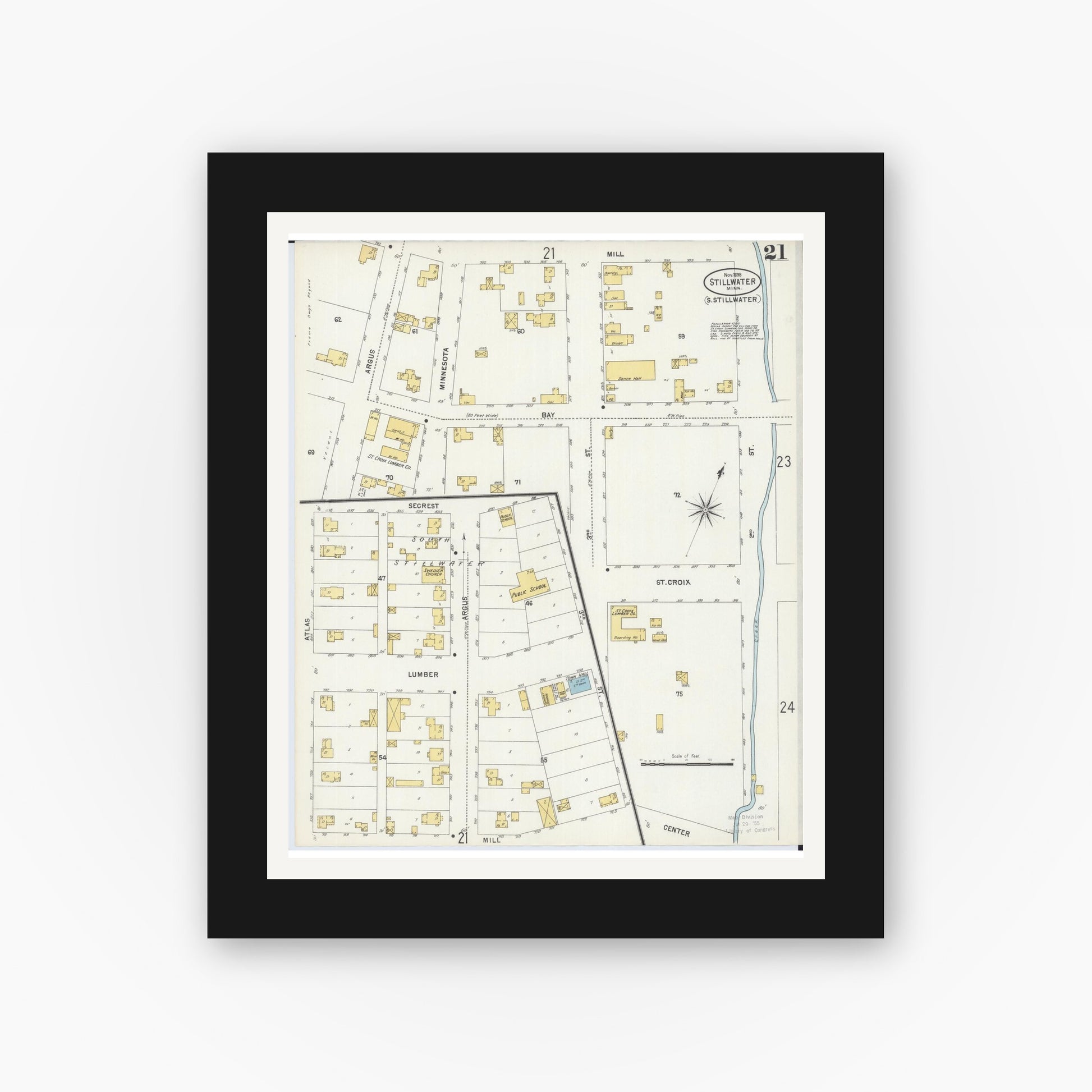 Old map wall art mockup — black gallery frame with white mat — Sanborn Fire Insurance Map from Stillwater, Washington County, Minnesota (1898), Sheet #0021