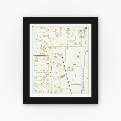 Old map wall art mockup — black gallery frame with white mat — Sanborn Fire Insurance Map from Stillwater, Washington County, Minnesota (1898), Sheet #0021