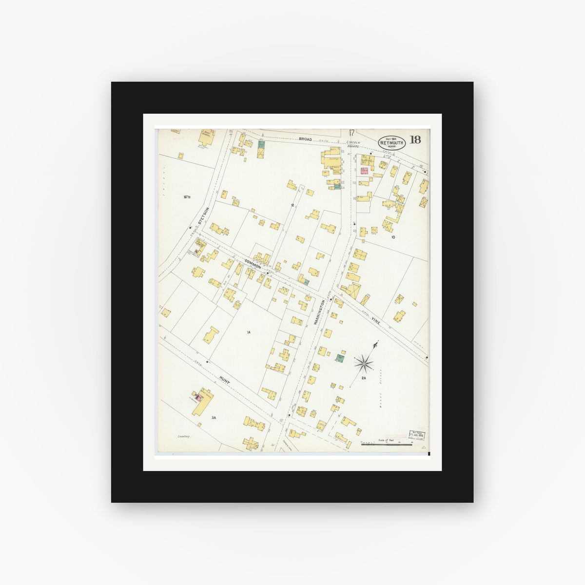 Old map wall art mockup — black gallery frame with white mat — Sanborn Fire Insurance Map from Weymouth, Norfolk County, Massachusetts (1904), Sheet #0018