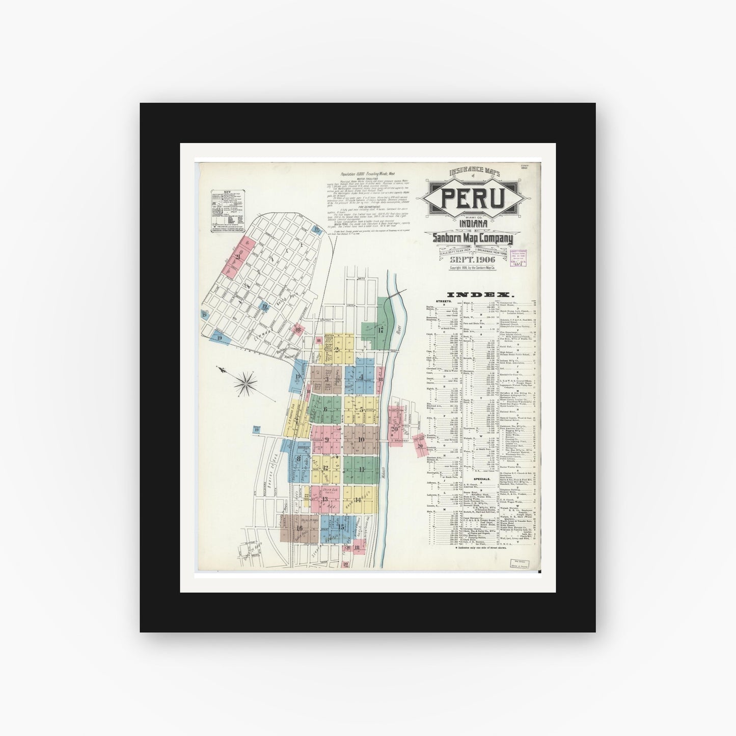 Old map wall art mockup — black gallery frame with white mat — Sanborn Fire Insurance Map from Peru, Miami County, Indiana (1906) - Complete Map Set
