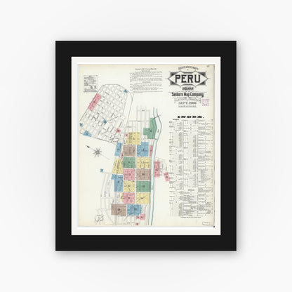 Old map wall art mockup — black gallery frame with white mat — Sanborn Fire Insurance Map from Peru, Miami County, Indiana (1906) - Complete Map Set